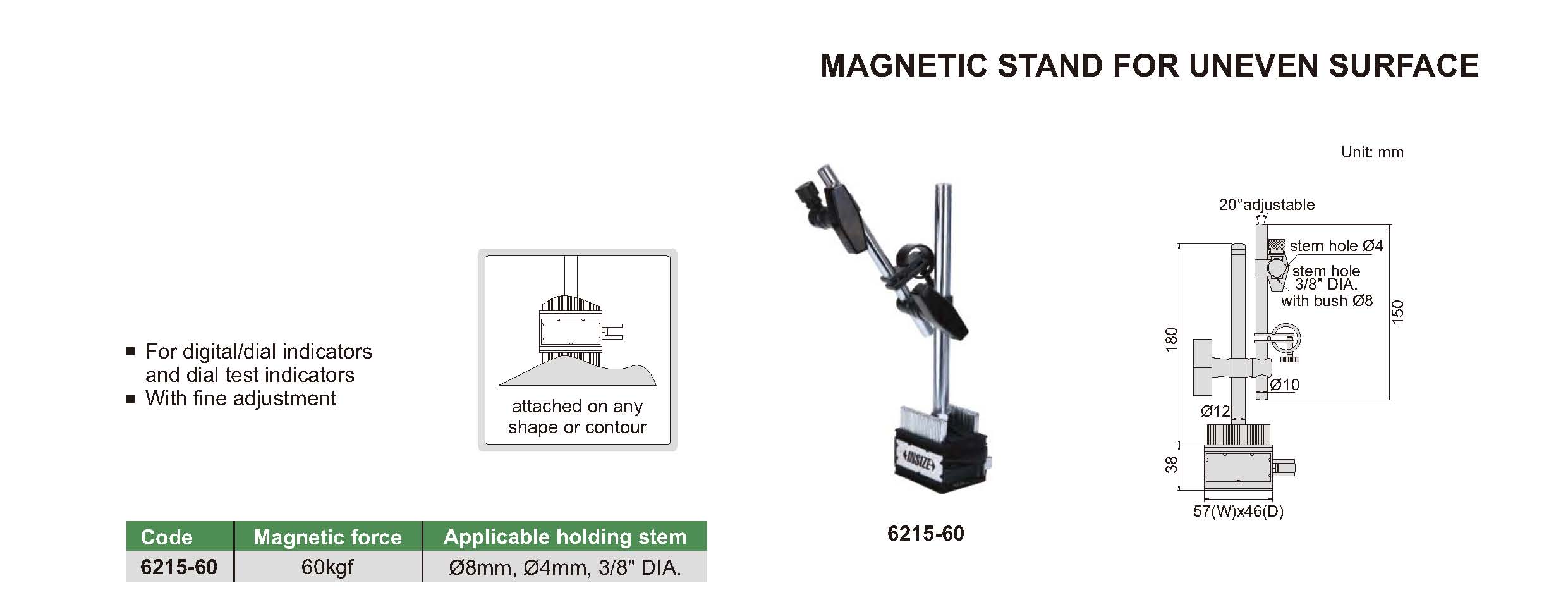 INSIZE 6215-60 Magnetic Stand for Uneven Surface 